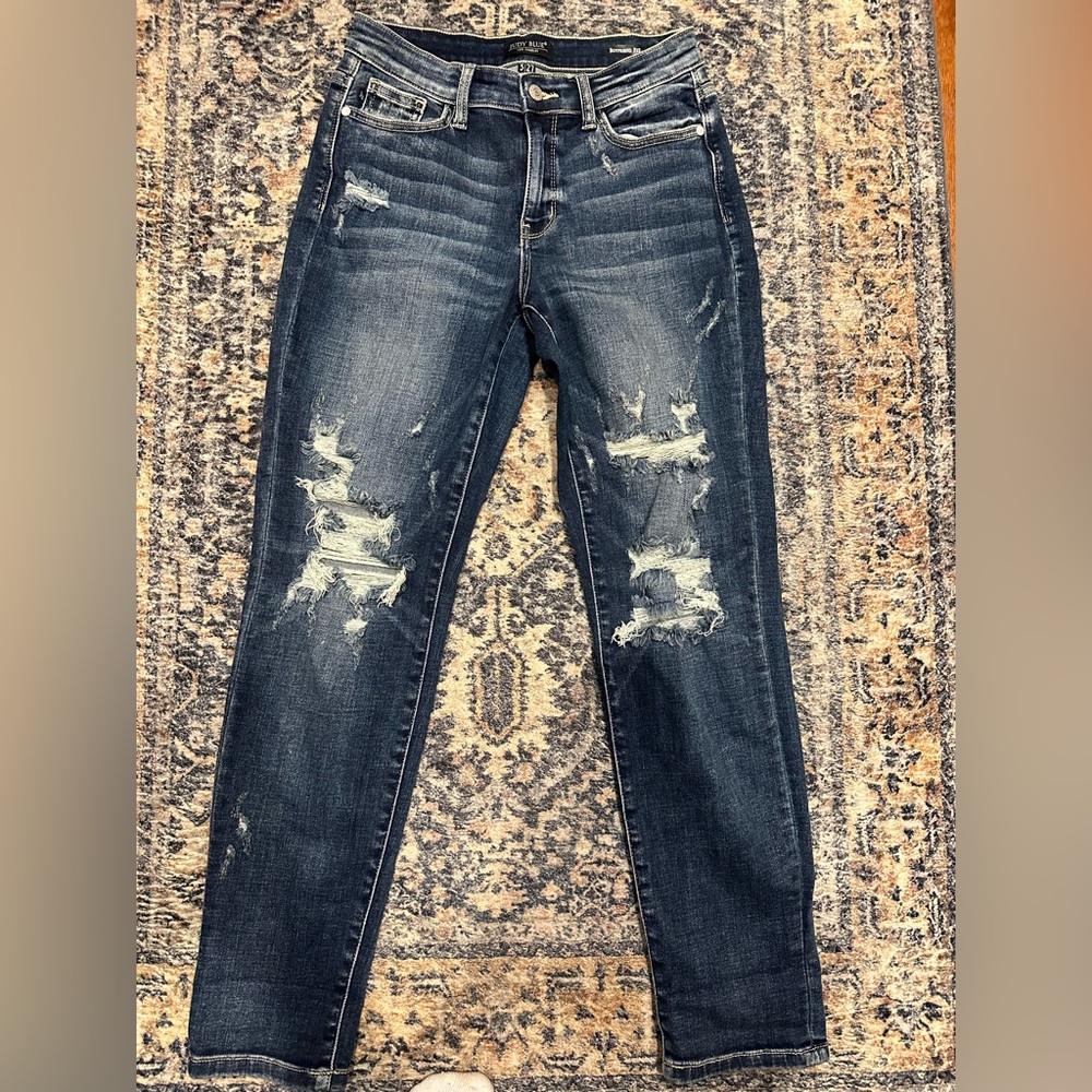 Judy Blue Boyfriend Fit Distressed Dark-Wash Jeans